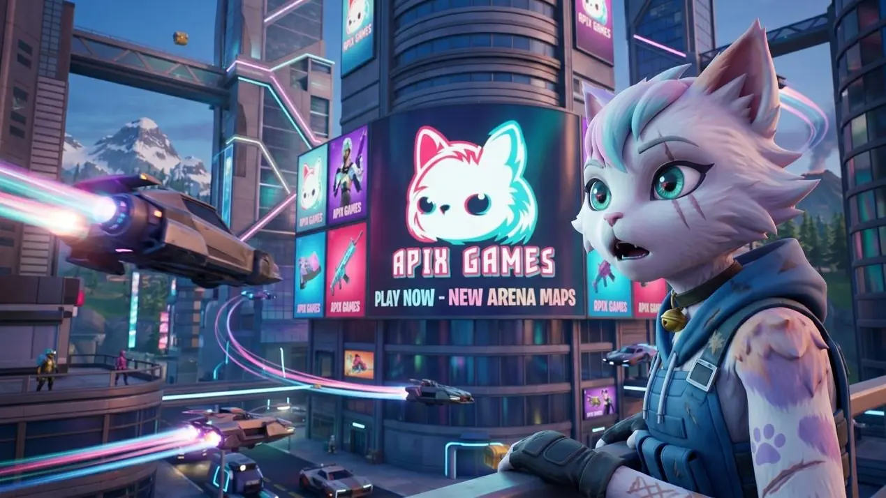 Num Num, the Apix Games mascot, in front of the Apix Games billboard