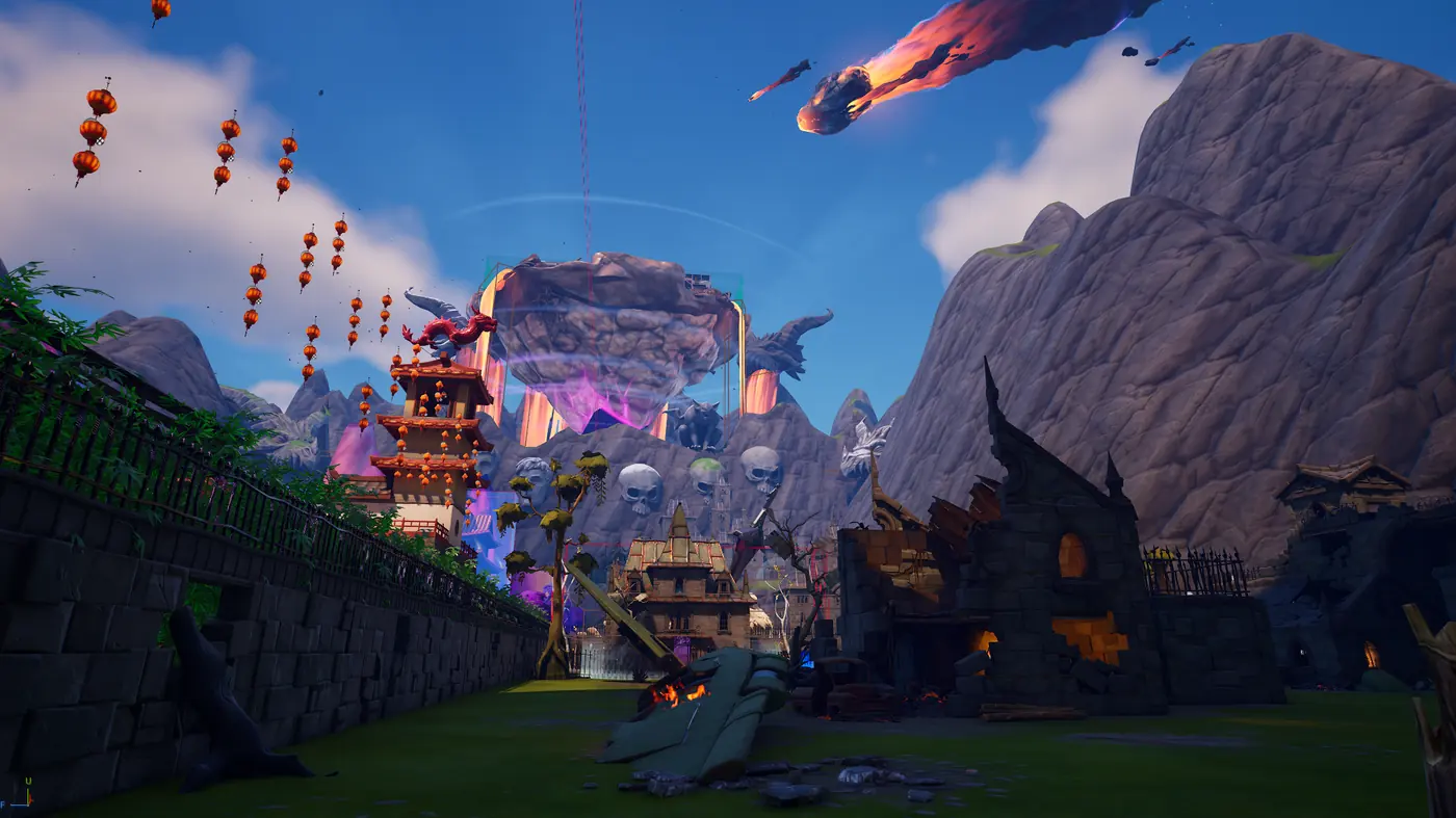 Split Destiny island: a temple between volcanic cliffs