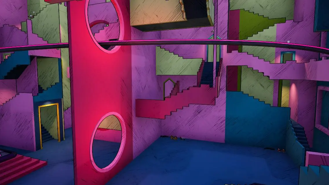 Squid Game island: pink stairway maze